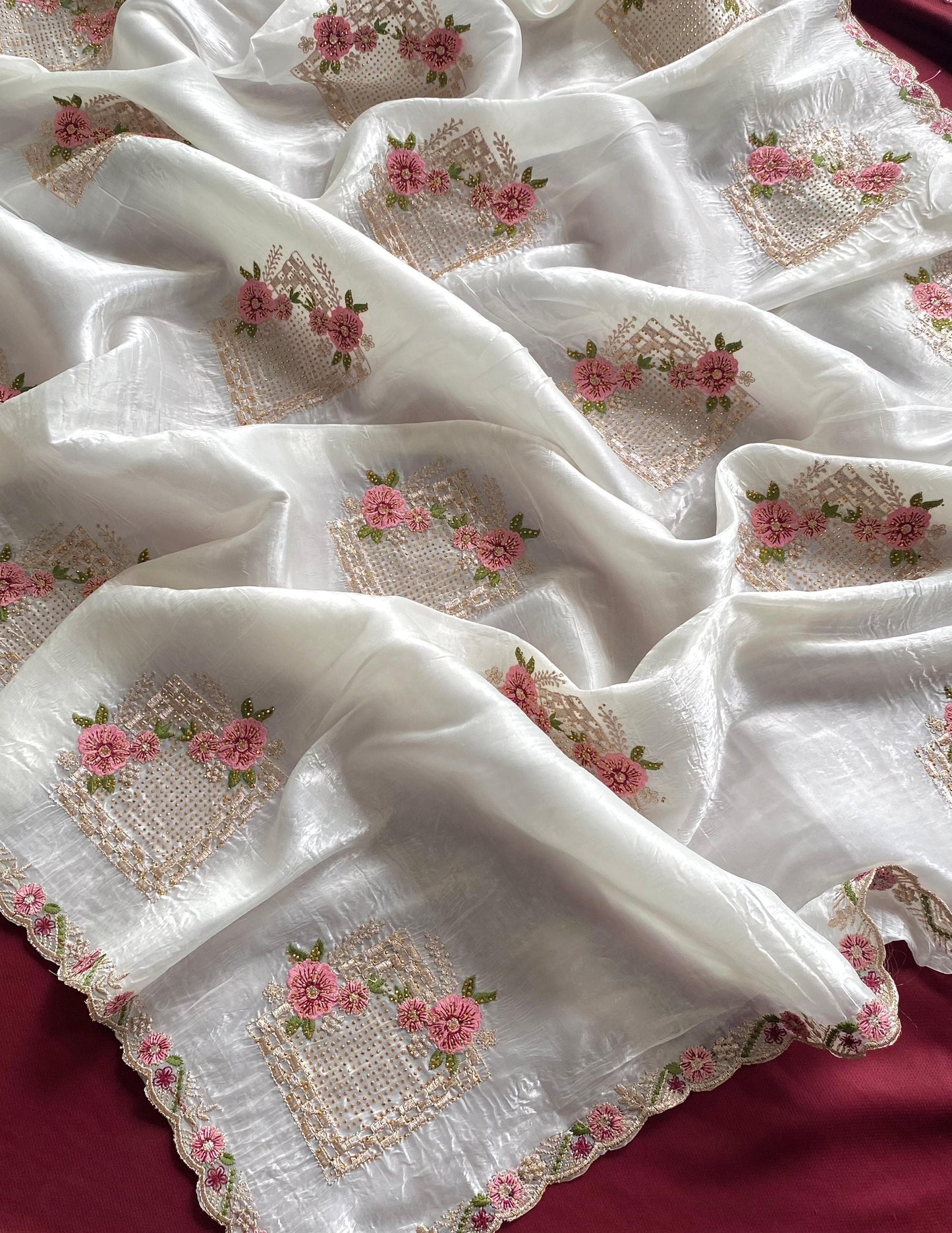 White Designer Embroidery And Siroski Work Saree