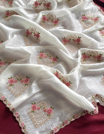 White Designer Embroidery And Siroski Work Saree