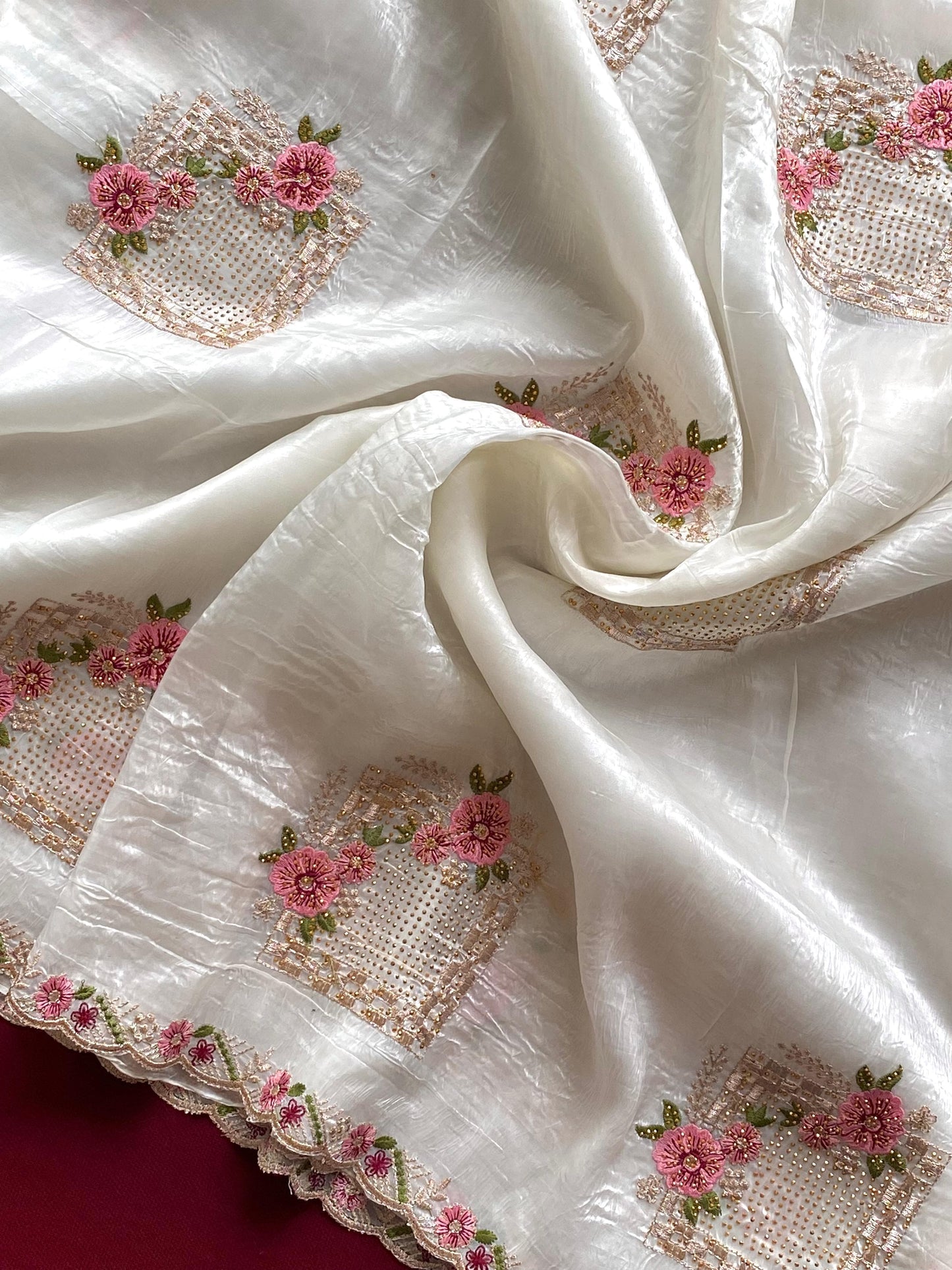 White Designer Embroidery And Siroski Work Saree