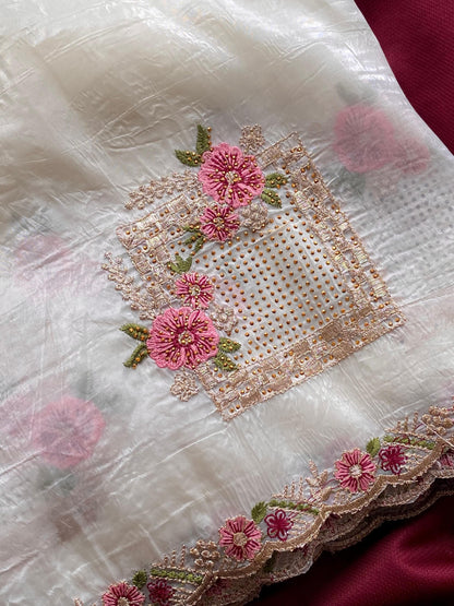 White Designer Embroidery And Siroski Work Saree