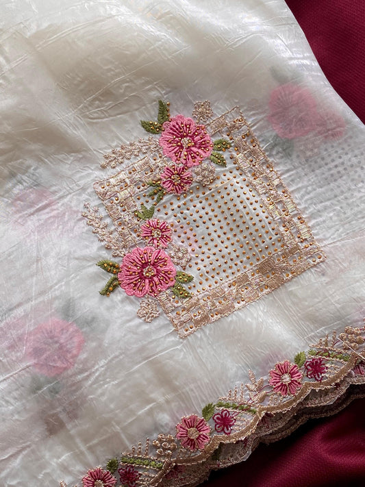 White Designer Embroidery And Siroski Work Saree