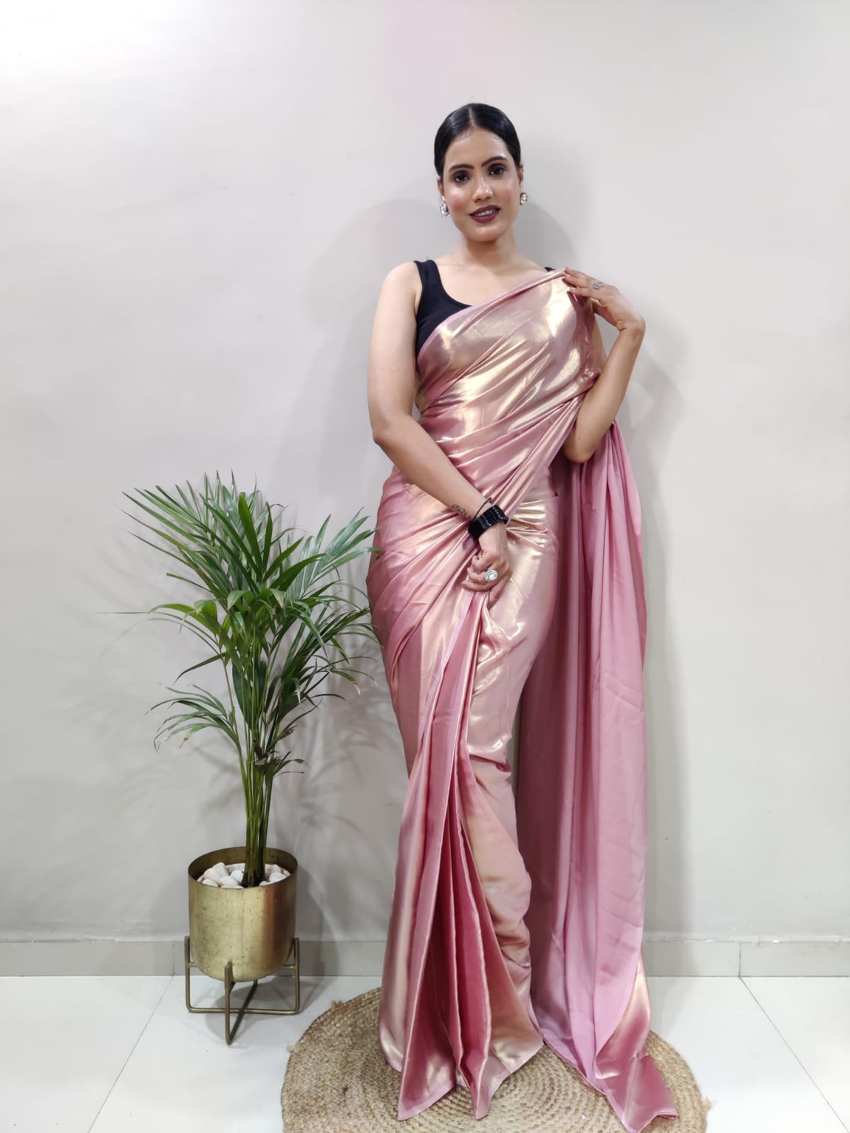 Metallic Rose Pink Golden Shimmer Satin Silk Saree