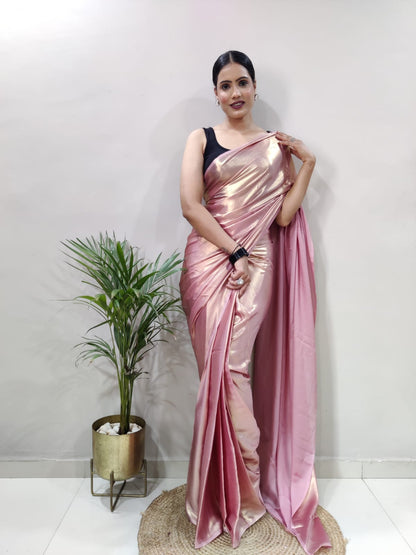 Metallic Rose Pink Golden Shimmer Satin Silk Saree