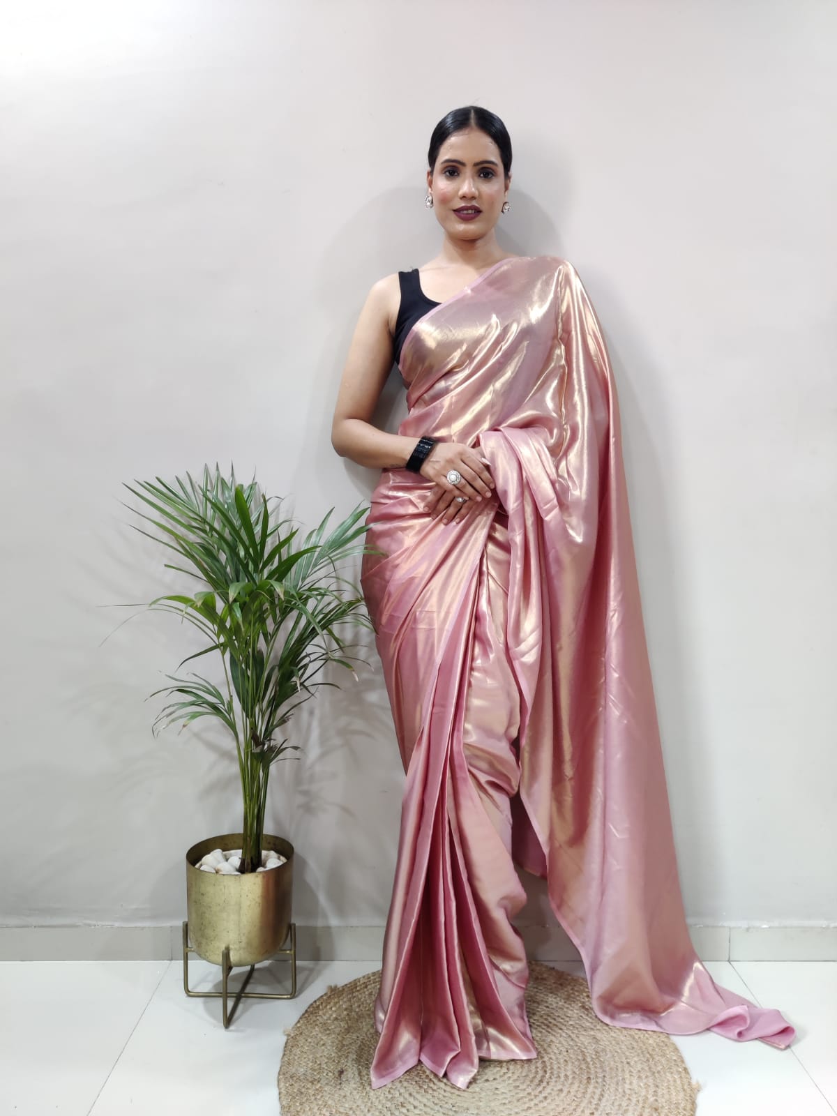 Metallic Rose Pink Golden Shimmer Satin Silk Saree