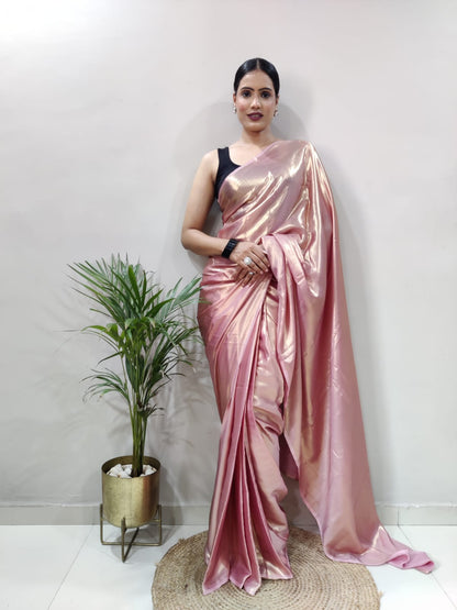 Metallic Rose Pink Golden Shimmer Satin Silk Saree