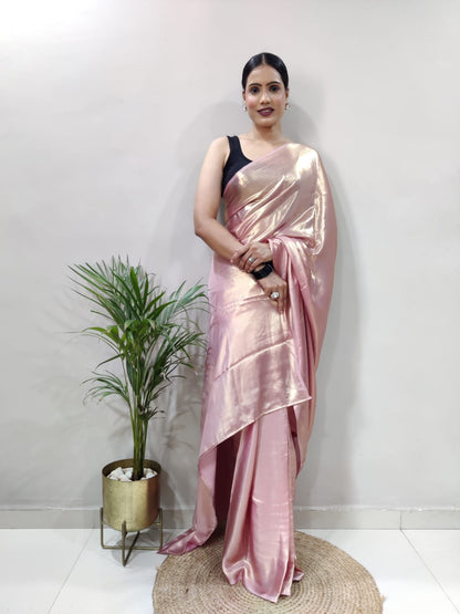 Metallic Rose Pink Golden Shimmer Satin Silk Saree