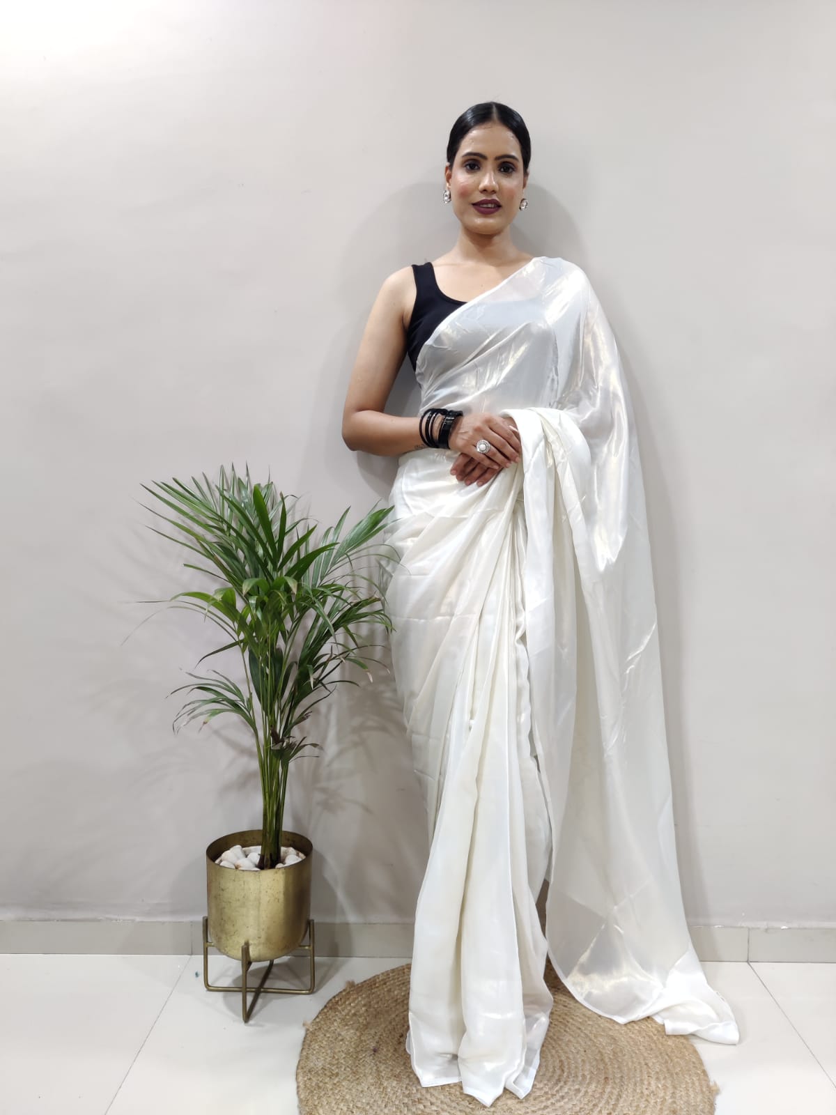 White Elegant  Shimmer Satin Silk Saree