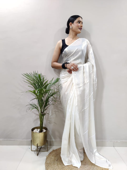 White Elegant  Shimmer Satin Silk Saree