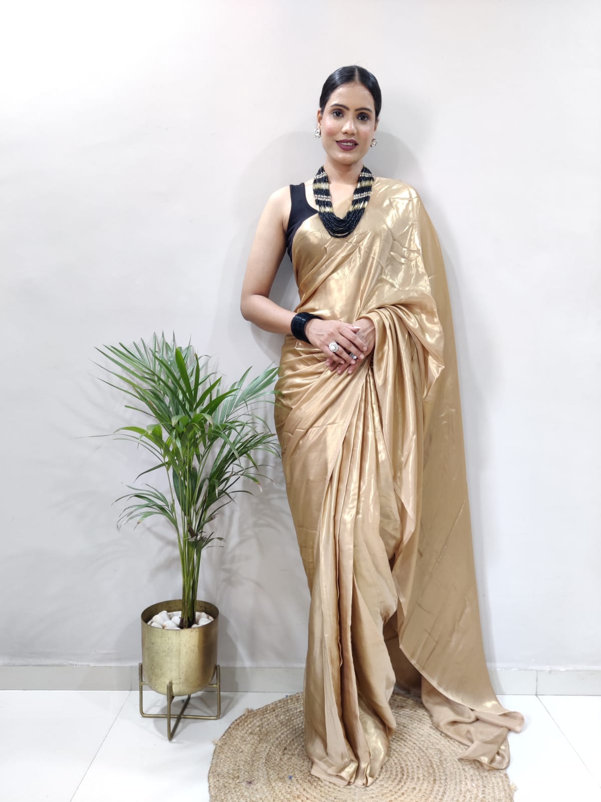 Elegant Golden Shimmer Satin Silk Saree