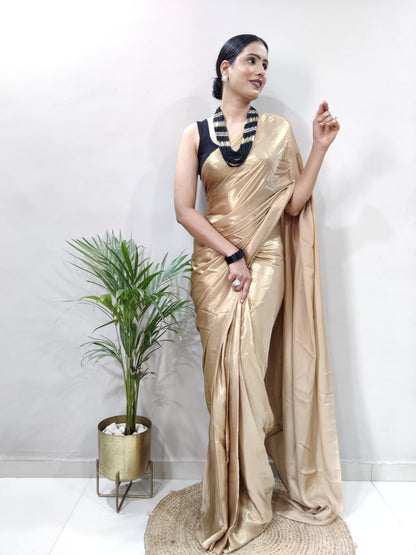 Elegant Golden Shimmer Satin Silk Saree