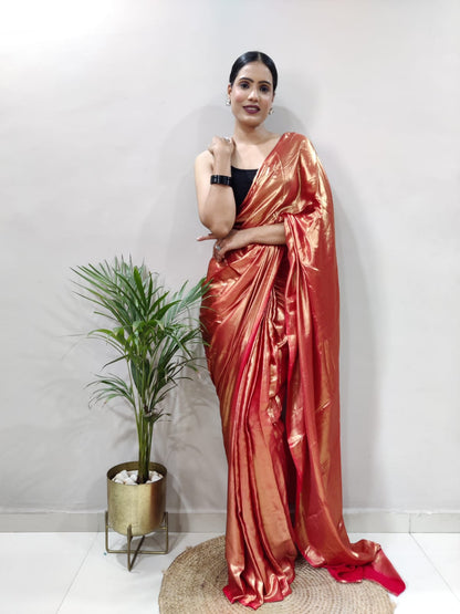 Elegant Rose Gold Shimmer Satin Silk Saree