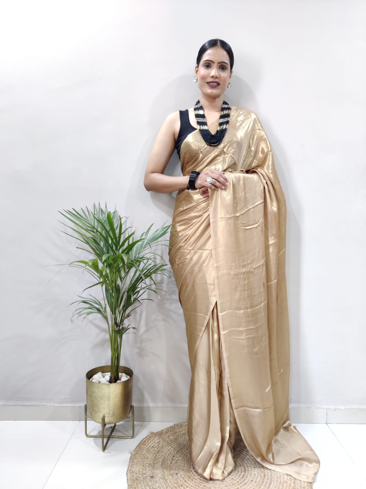 Elegant Golden Shimmer Satin Silk Saree