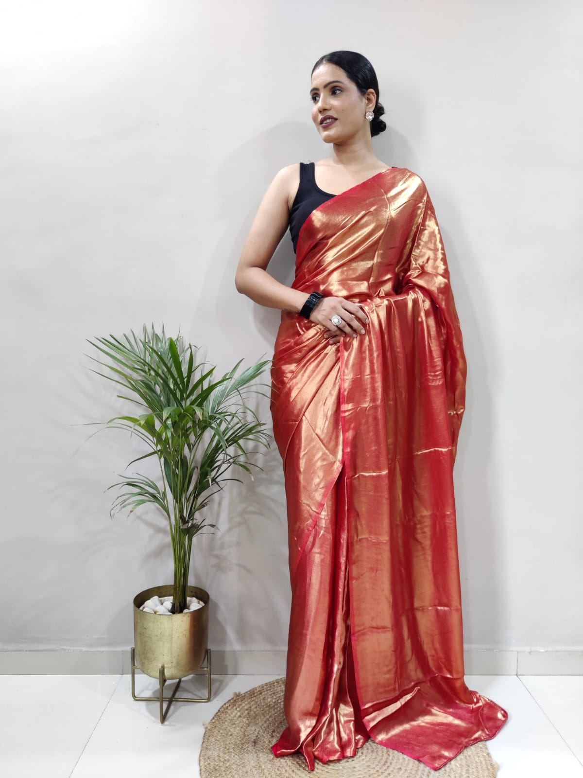 Elegant Rose Gold Shimmer Satin Silk Saree