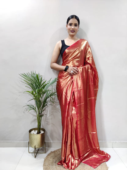 Elegant Rose Gold Shimmer Satin Silk Saree