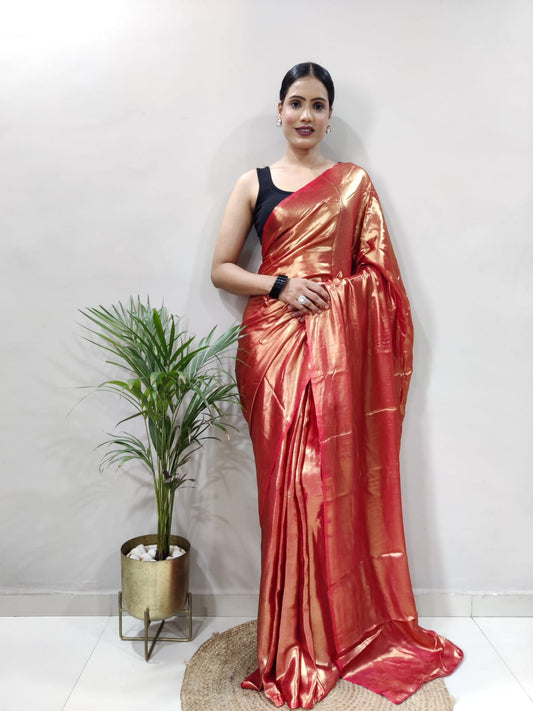 Elegant Rose Gold Shimmer Satin Silk Saree