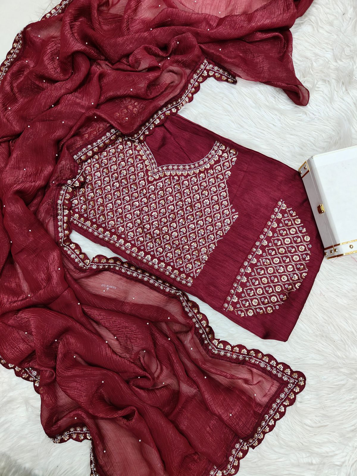 Cherry Red Soft Crush Designer Saree