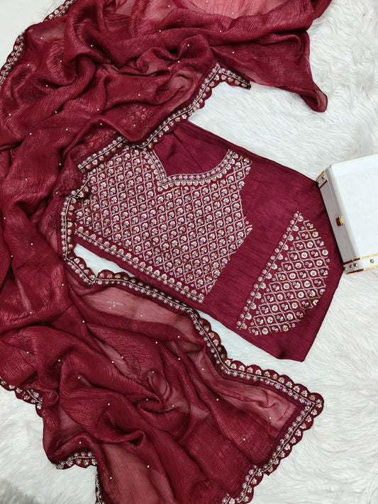 Cherry Red Soft Crush Designer Saree