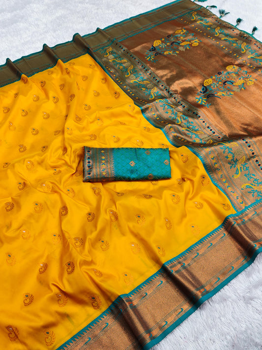 Yellow Yeola Paithani Soft Silk Saree