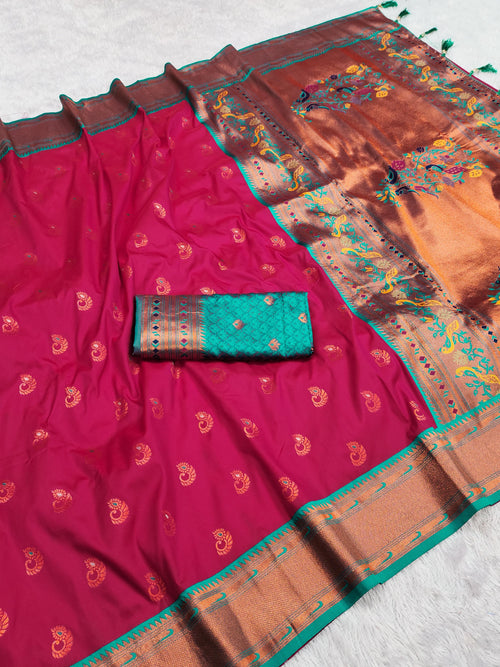 Red Rani Yeola Paithani Soft Silk Saree