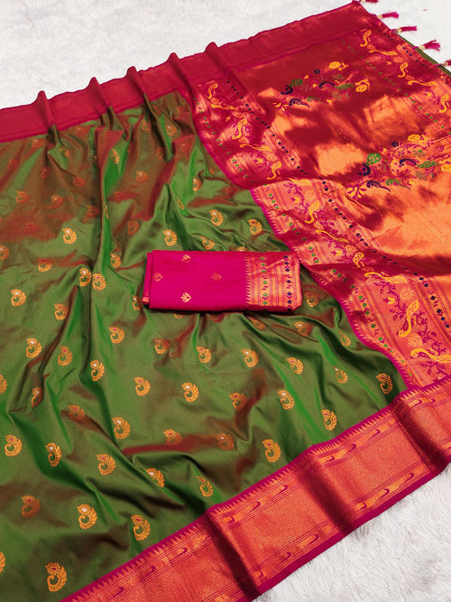 Mehndi Yellow Yeola Paithani Soft Silk Saree