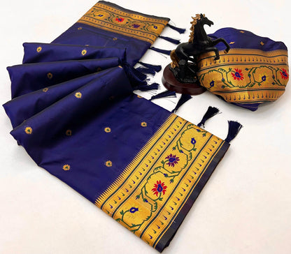 Navy Blue Brocket Border Soft Silk Paithani