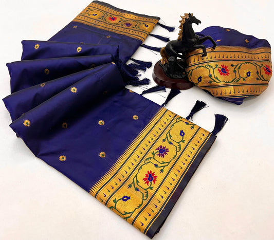 Navy Blue Brocket Border Soft Silk Paithani