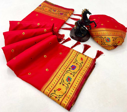 Red Brocket Border Soft Silk Paithani