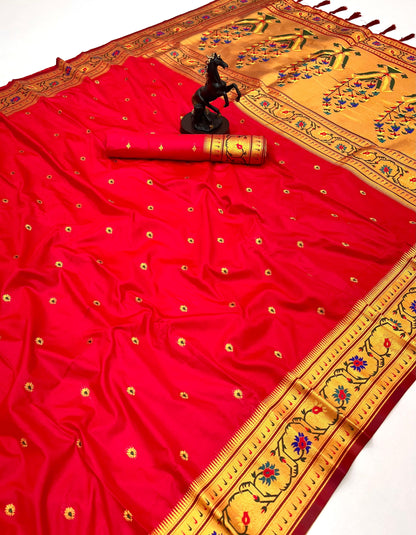Red Brocket Border Soft Silk Paithani