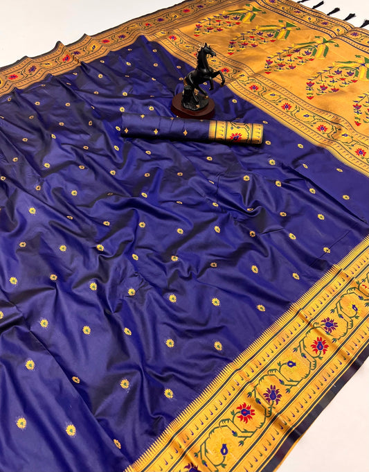Navy Blue Brocket Border Soft Silk Paithani