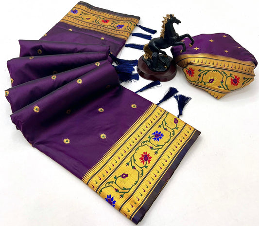 Violet Brocket Border Soft Silk Paithani