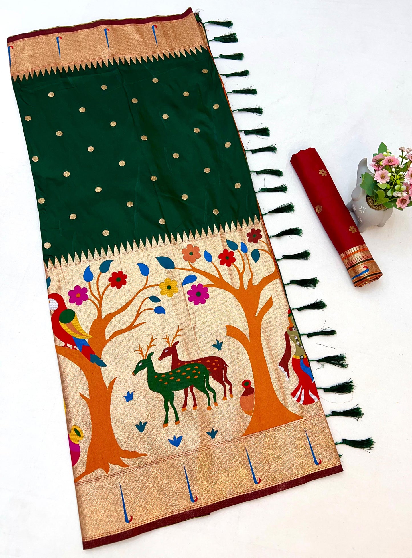 Bottle Green Half All Over Brocket Paithani Saree