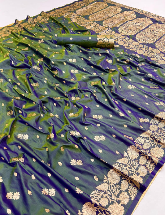 Emerald Green Elegant Two-Tone Banarasi Silk Saree