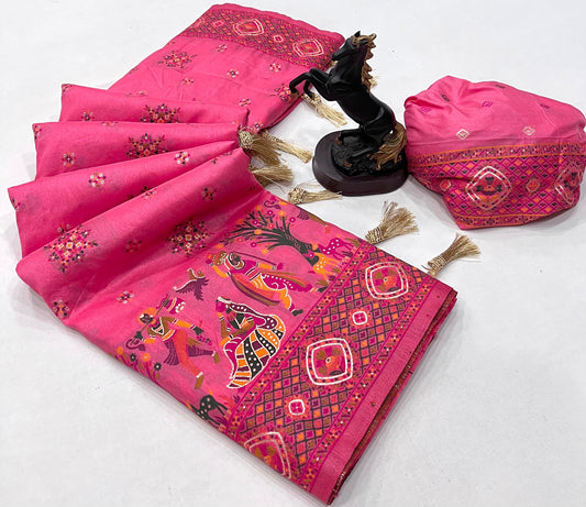 Rani Pink Pashmina Kashmiri Silk Zari Woven Saree