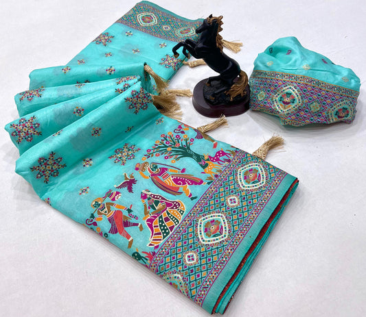 Aqua Blue Pashmina Kashmiri Silk Zari Woven Saree