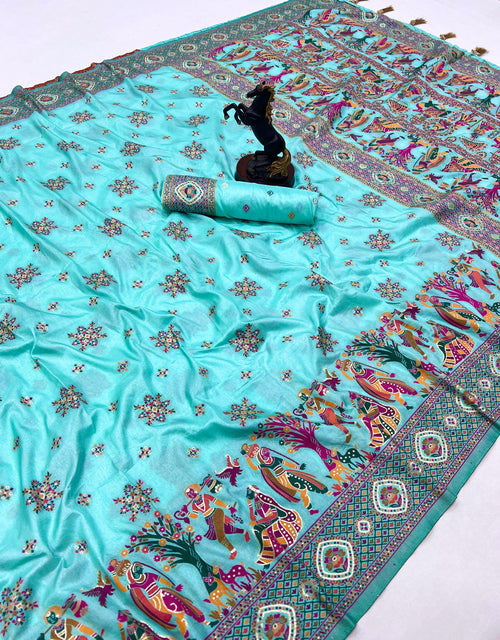 Aqua Blue Pashmina Kashmiri Silk Zari Woven Saree