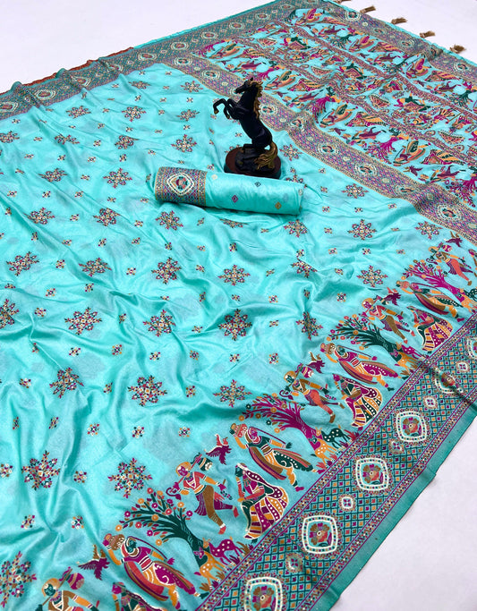 Aqua Blue Pashmina Kashmiri Silk Zari Woven Saree