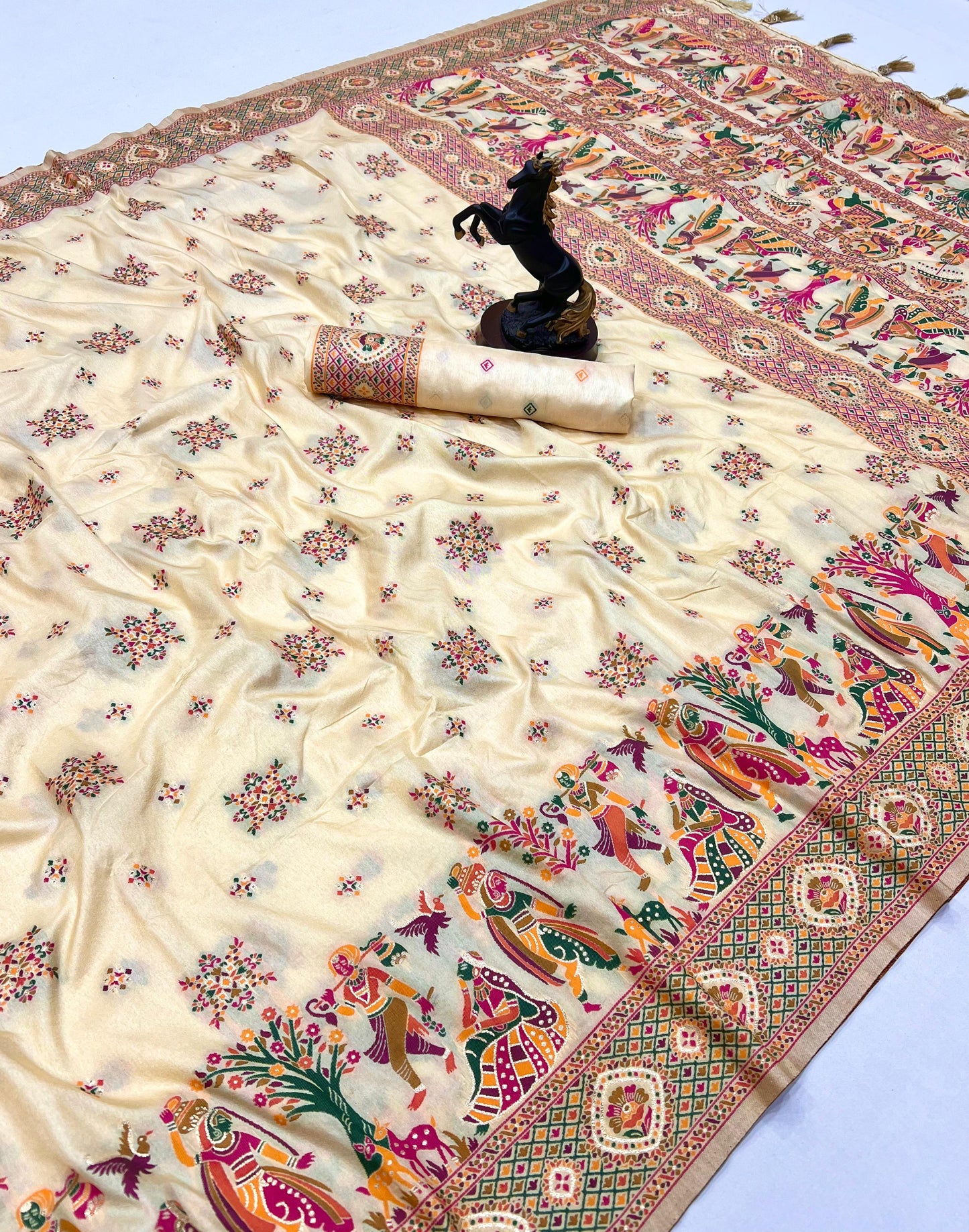 Cream Pashmina Kashmiri Silk Zari Woven Saree