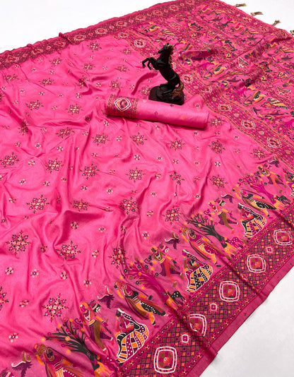 Rani Pink Pashmina Kashmiri Silk Zari Woven Saree