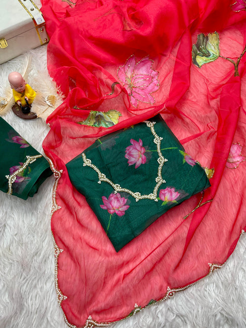 Red Rani Soft Tabby Organza with Digital Print and Khatli Work Saree