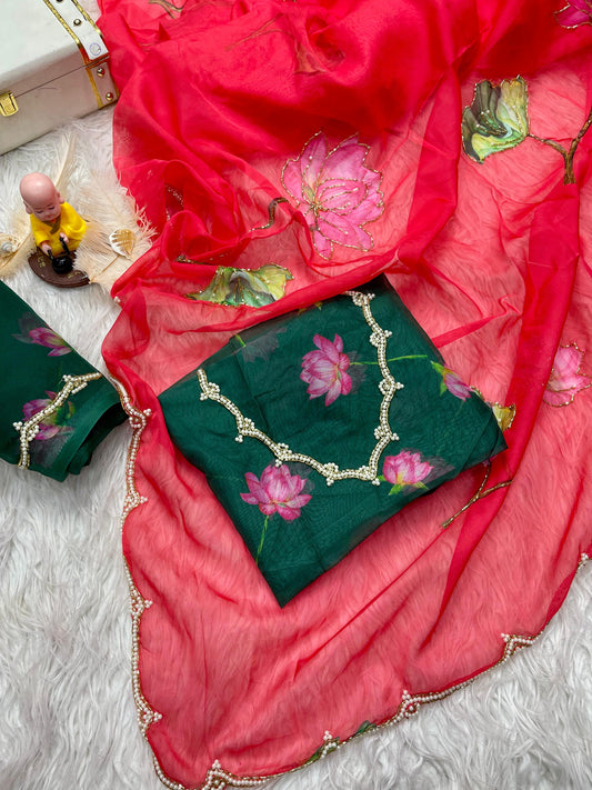 Red Rani Soft Tabby Organza with Digital Print and Khatli Work Saree