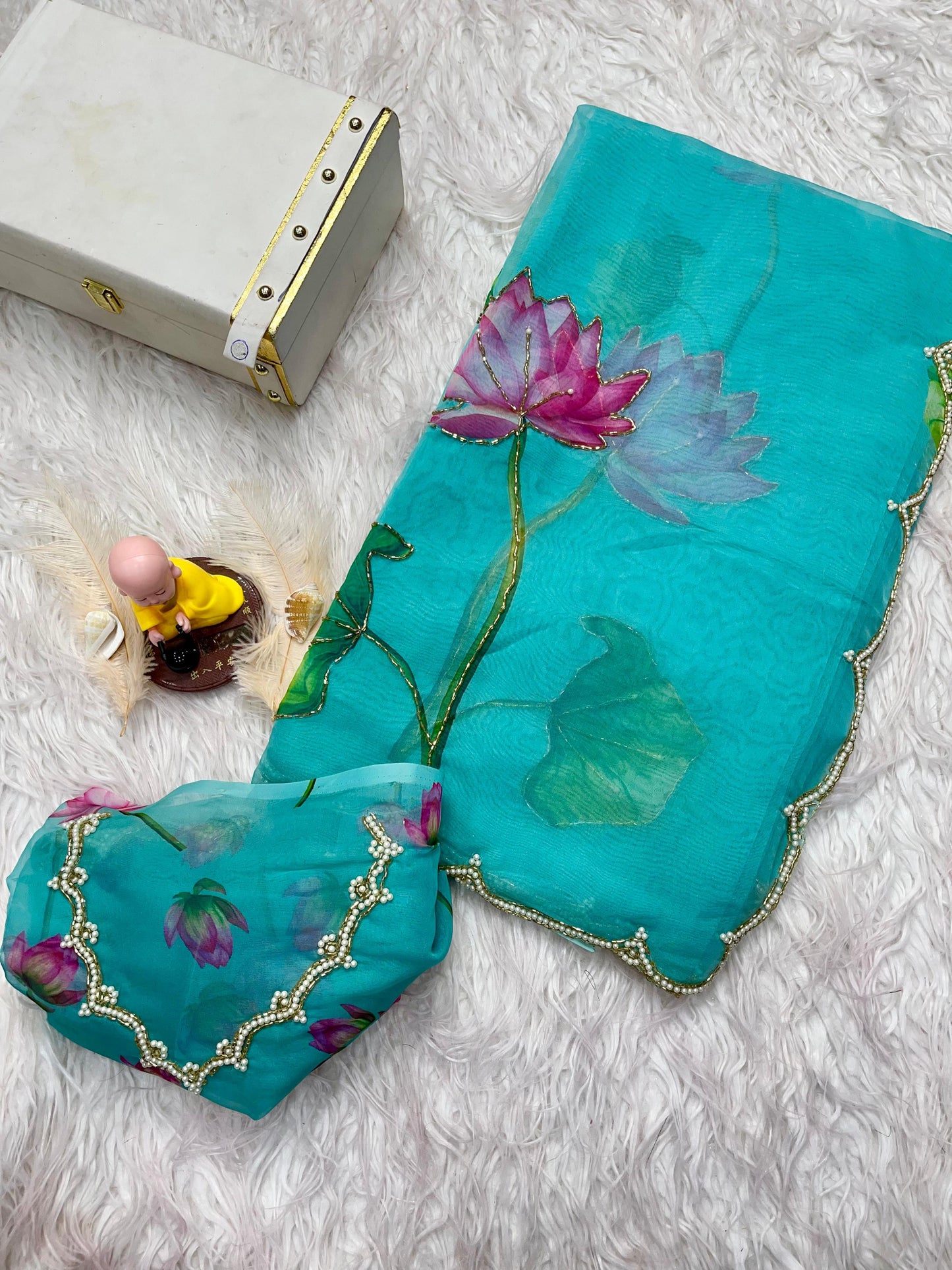 Sky Soft Tabby Organza with Digital Print and Khatli Work Saree