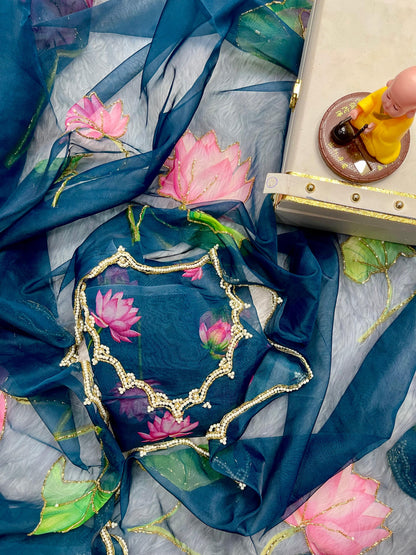 Blue Soft Tabby Organza with Digital Print and Khatli Work Saree