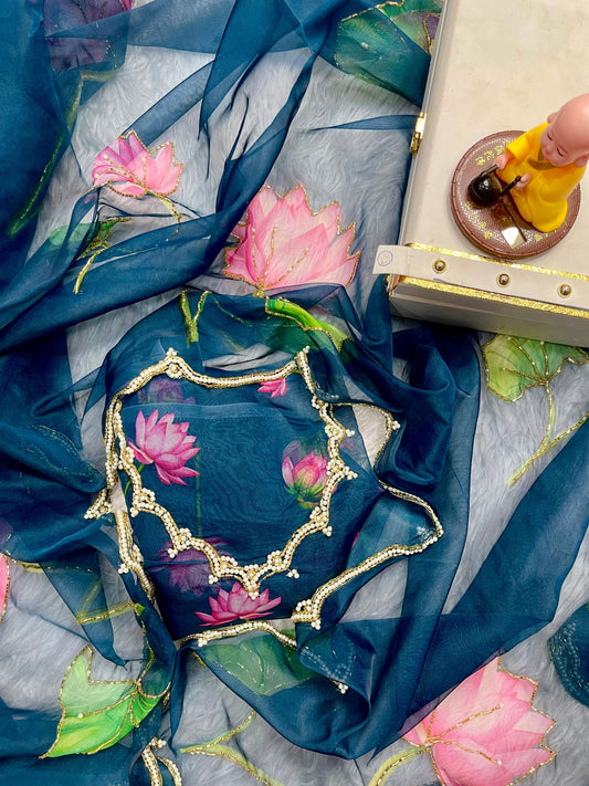 Blue Soft Tabby Organza with Digital Print and Khatli Work Saree