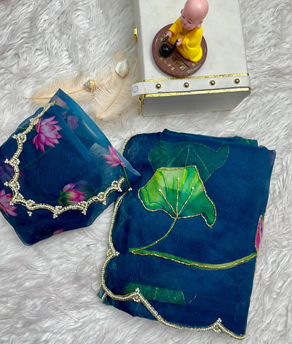 Blue Soft Tabby Organza with Digital Print and Khatli Work Saree