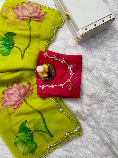 Lemon Soft Tabby Organza with Digital Print and Khatli Work Saree