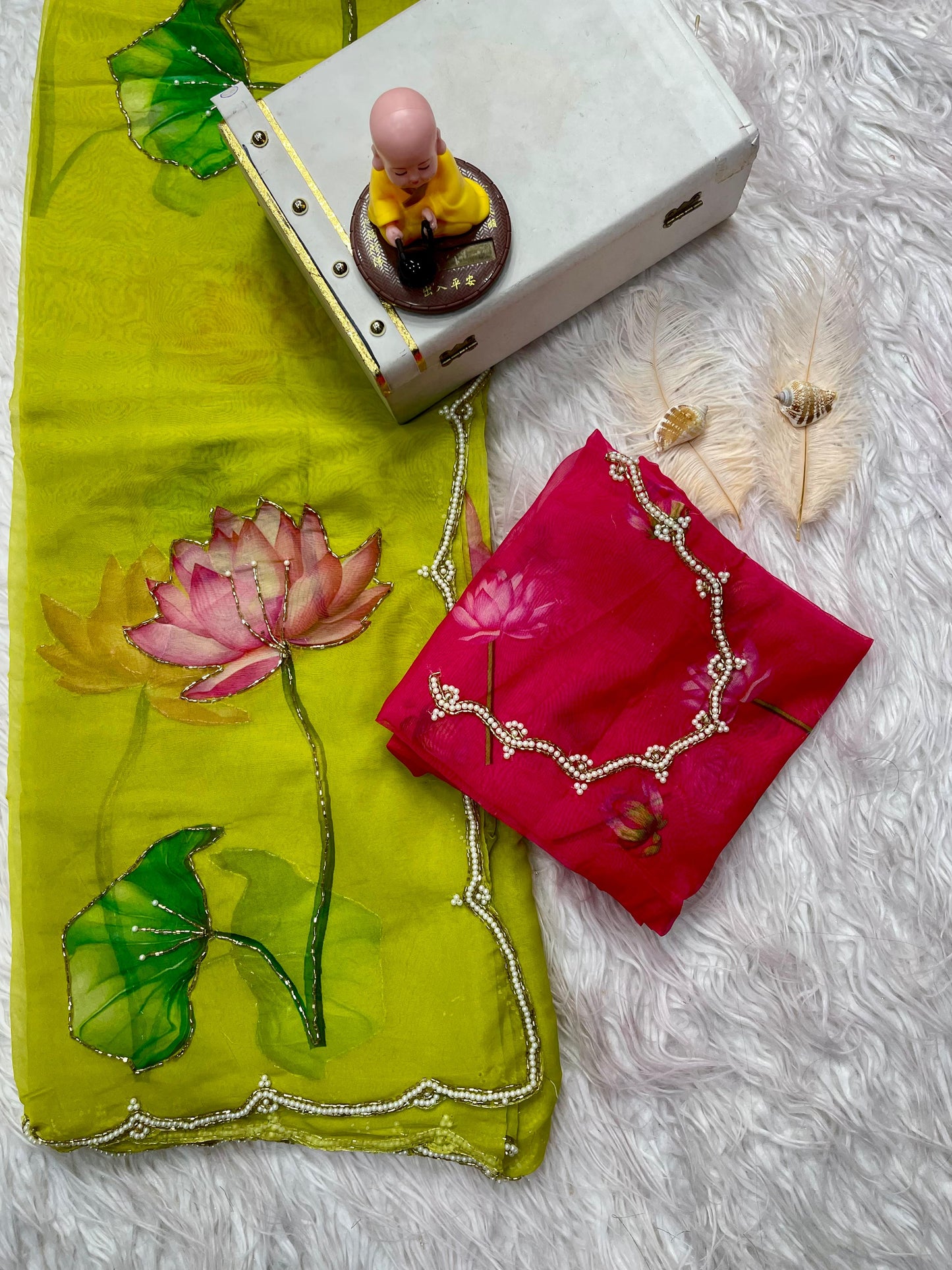 Lemon Soft Tabby Organza with Digital Print and Khatli Work Saree