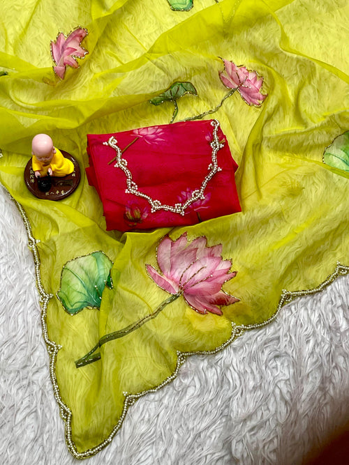 Lemon Soft Tabby Organza with Digital Print and Khatli Work Saree