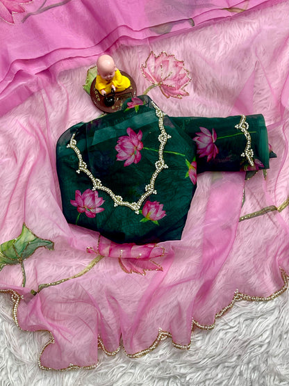 Pink Soft Tabby Organza with Digital Print and Khatli Work Saree