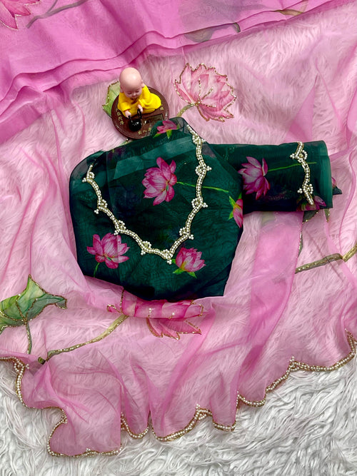 Pink Soft Tabby Organza with Digital Print and Khatli Work Saree