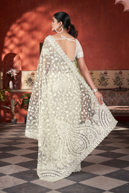 Off white Elegant Embroidered Butterfly Net Saree